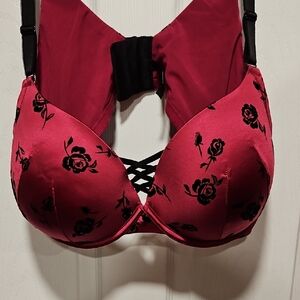Satin Floral Lace-Up Push-Up Bra in Raspberry Pink with Black Roses